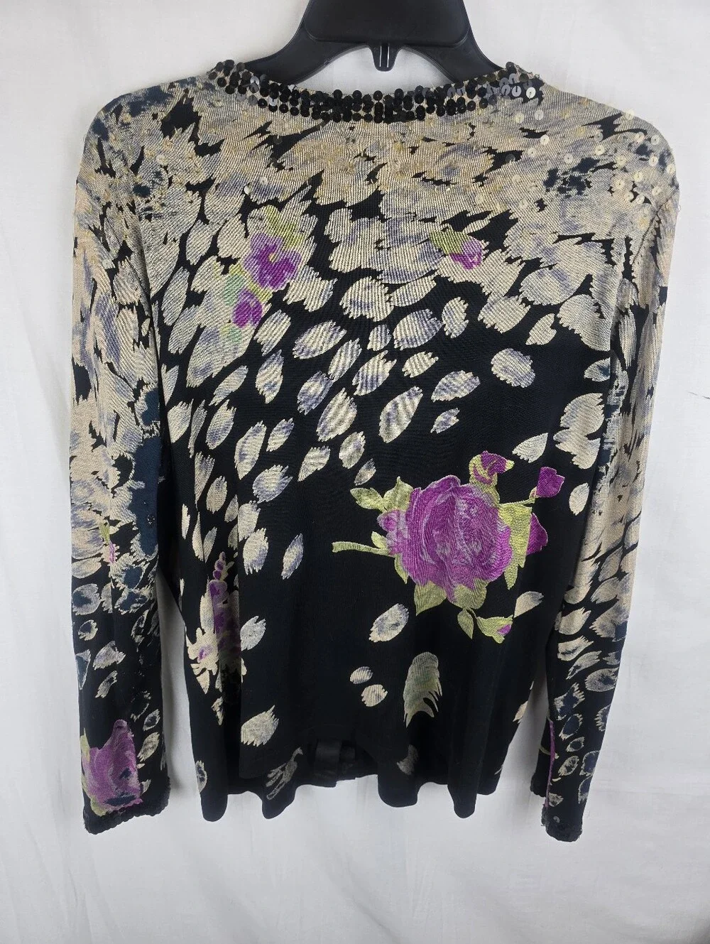Chico's Black Floral Sequin Silk Blend Cardigan with Purple Roses Sz Chico's 2/L